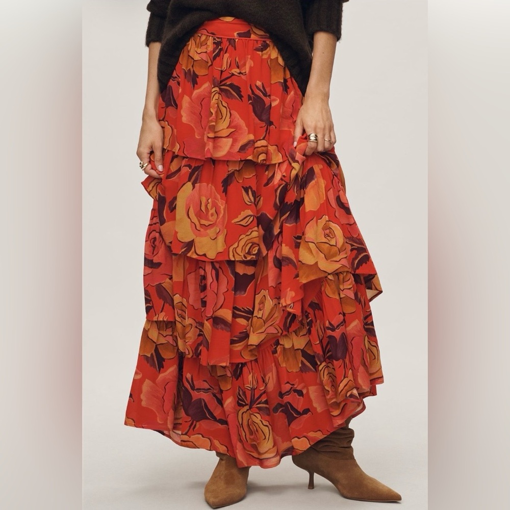 Anthropologie Farm Rio Floral Tiered Maxi Skirt Medium